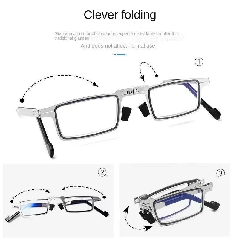 2025 Unisex Folding Reading Glasses Transparent Lenses Full Metal Frame Anti Blue Light Comes with Case for Men and Women