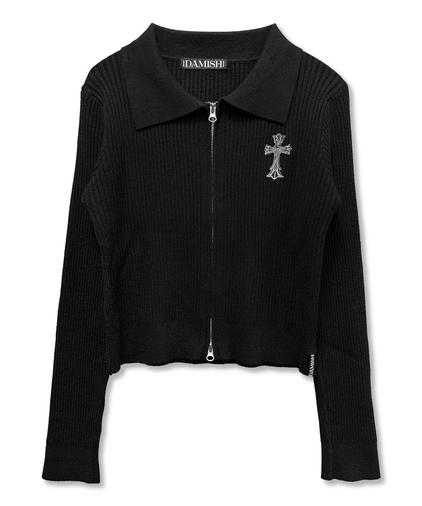 Damiswi Gothic Cross Embroidery Knit Zip-Up_Black