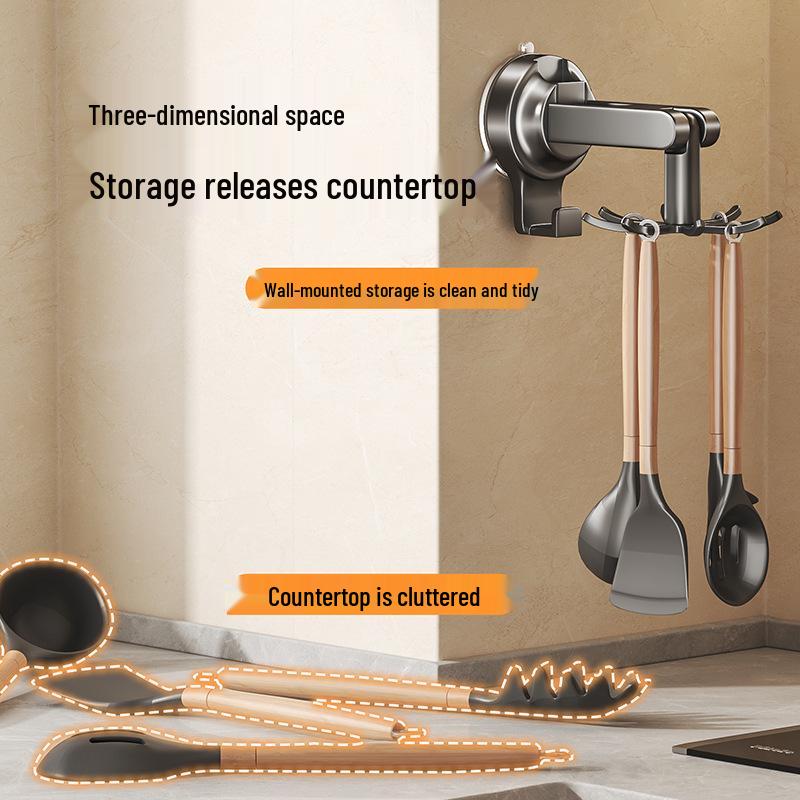 Wall-Mounted Rotating Suction Cup Storage Rack: Organize Spoons, Ladles & Cutting Boards Without Drilling