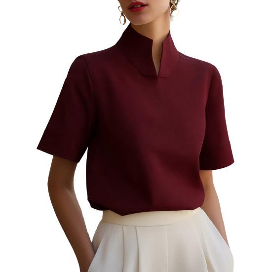 

Women Shirt V-neck Stand Collar Loose Fit Pullover Tops Pure Color Soft Stretchy Breathable Blouse Daily Wear S вина червоного кольору