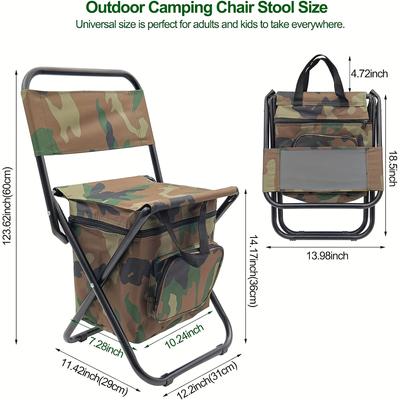 Klappbarer Campingstuhl mit Kühltasche, leichter Angelstuhl, kompakter Klapphockersitz mit Rückenlehne, Hocker und Griff