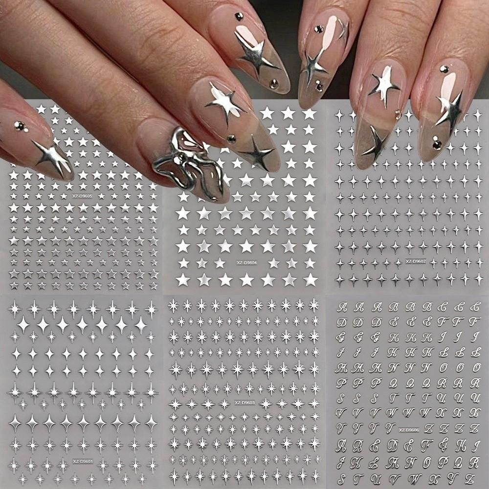 6Pcs Y2K Irregular Star Manicure Decals Gold Silver Color Letters Nail Decorations Nail Supplies