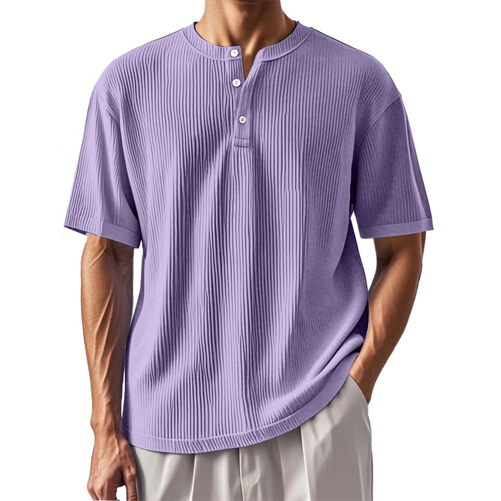 Men's Summer Solid Color Stripe Texture Button Collar Short Sleeve Tops Men's Casual Loose Fashion Tops