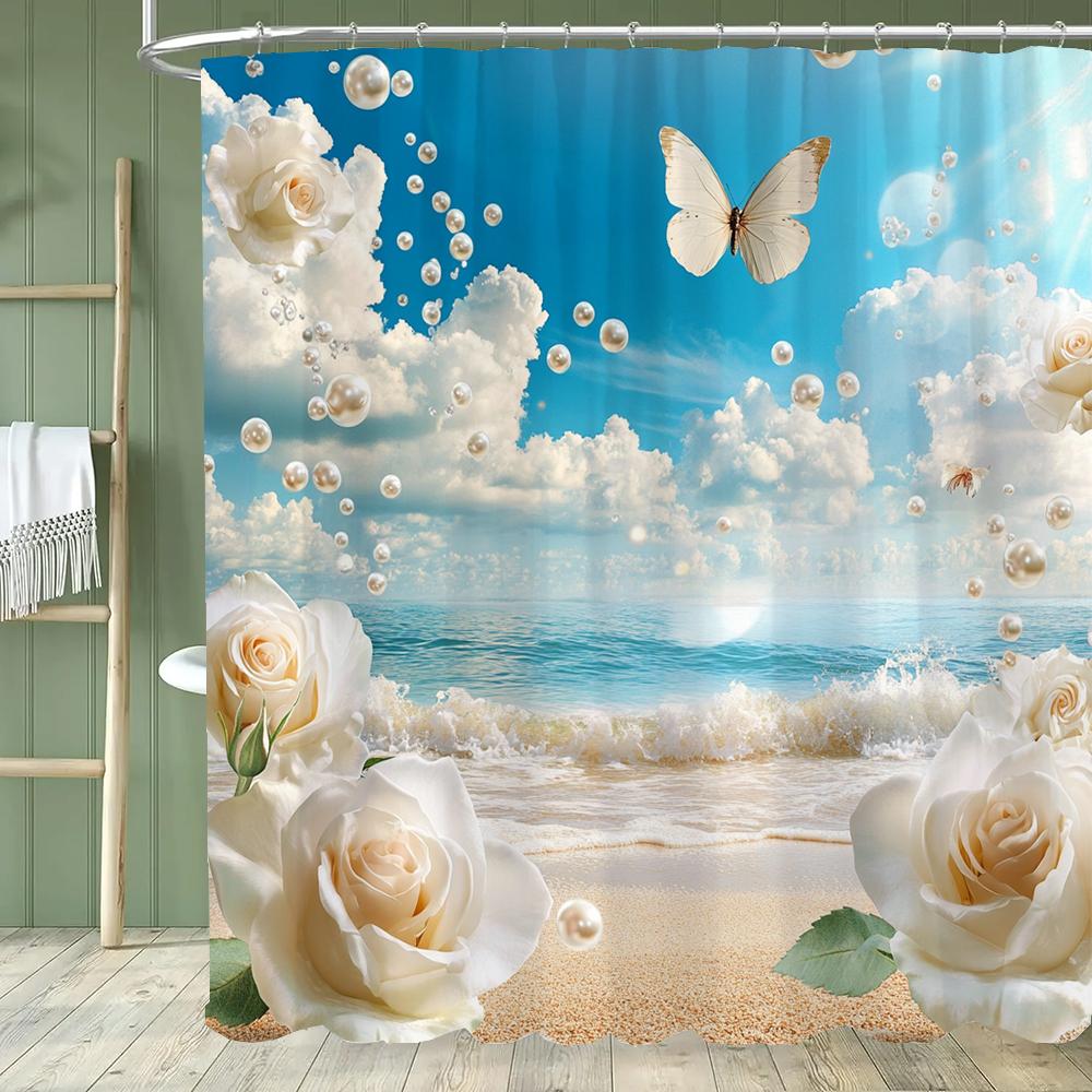 Seaside Beach Shell Scenery Printing Shower Curtain, Bathroom Decorative Shower Curtain, Waterproof Shower Curtain With Hooks