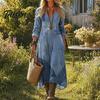 Casual Dress for Women Denim Print Maxi Women, Long Sleeve V Versatile Women's Neck Dress, Summer Loose A-line Flowy Vacation
