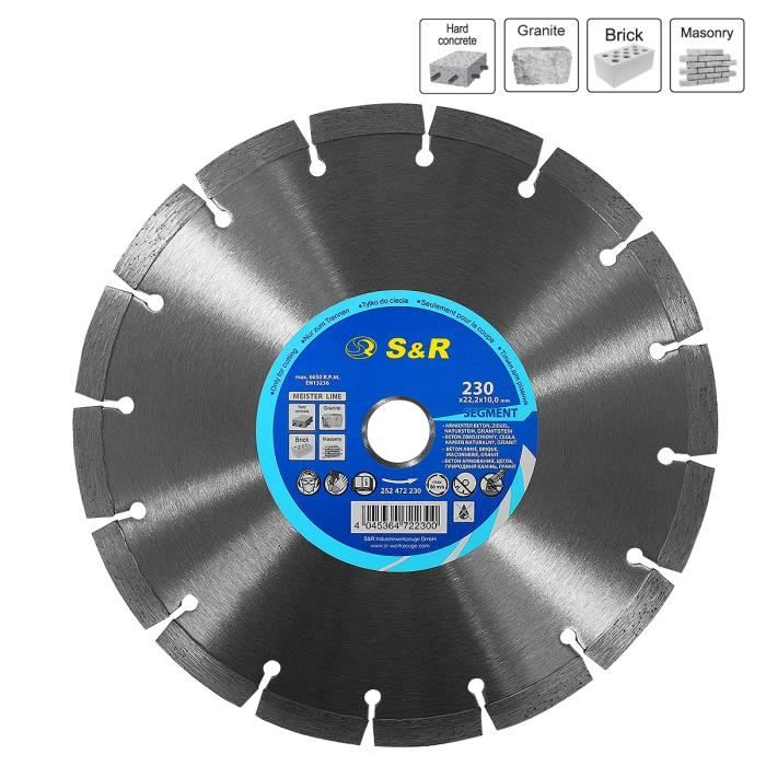 S&amp;R Disque Diamant 230 mm. Disque à tronçonner 230 x 22,2 x 10 Standard 2,6 mm pour Béton, Béton armé, Granit, Pierre naturelle, Bri