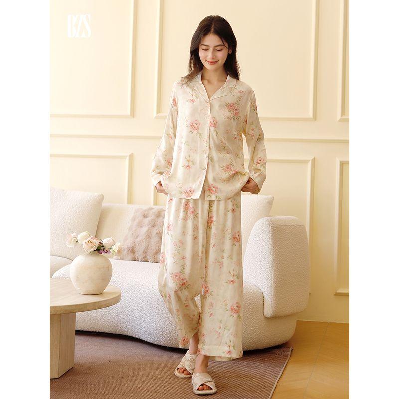 25 Summer New Rayon Tribute Satin Nightdress Pink Peony Flower Print Contrast Color Sling Dress Homewear Set