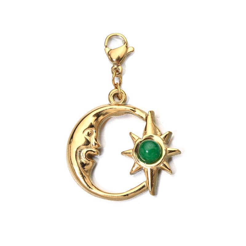 European Retro Sun and Moon Stainless Steel Pendant with Semi-Precious Stone Charm for Women.