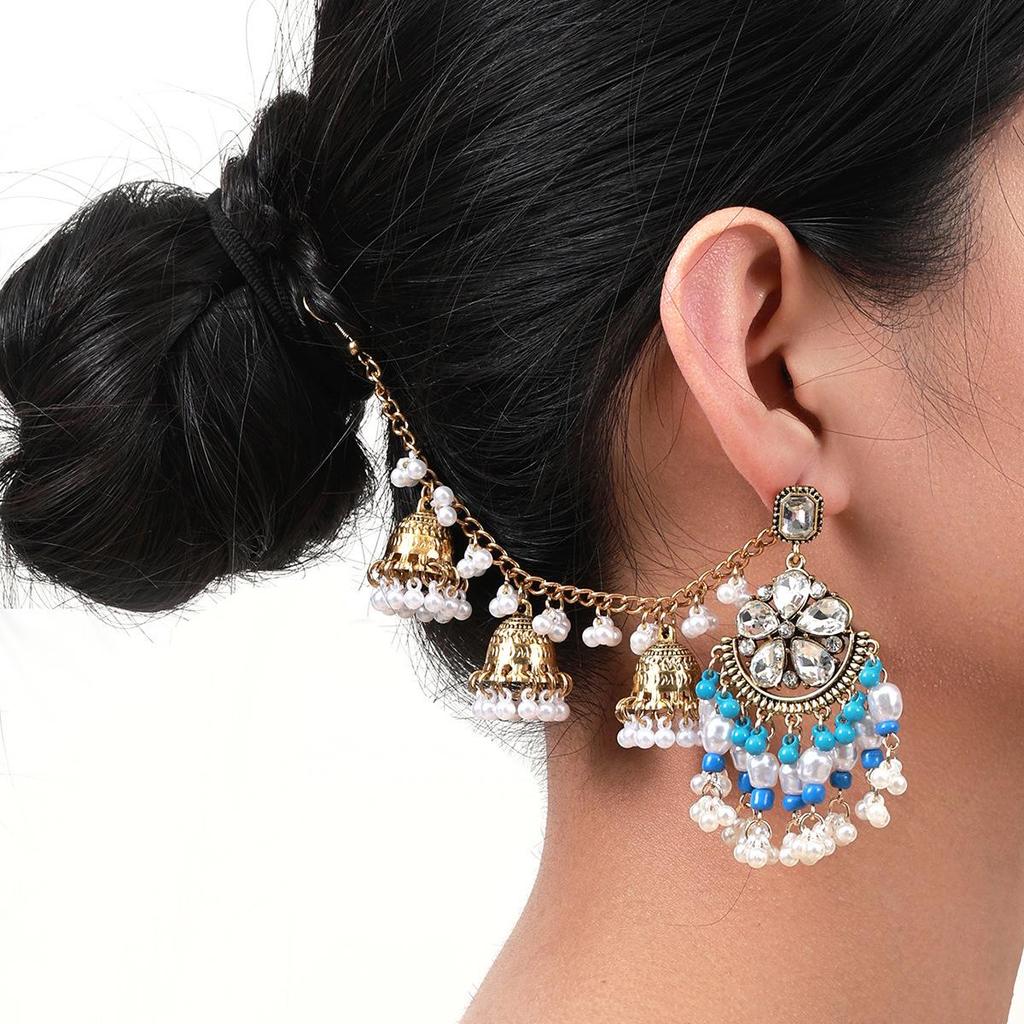 Bohemian Ethnic Rhinestone Flower Bell Earring & Hair Chain Set