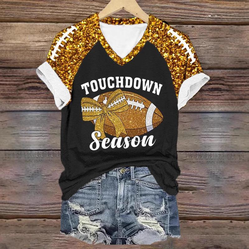 Women's Rugby Print 3D Digital Print Women's T-shirt Casual Trend V-neck Short Sleeved Shirt 3413 EMA