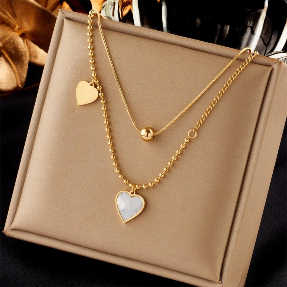 Titanium Steel Women Choker Multi-layered Punk Neck Chain Fashion Pearl Heart Necklace  Summer