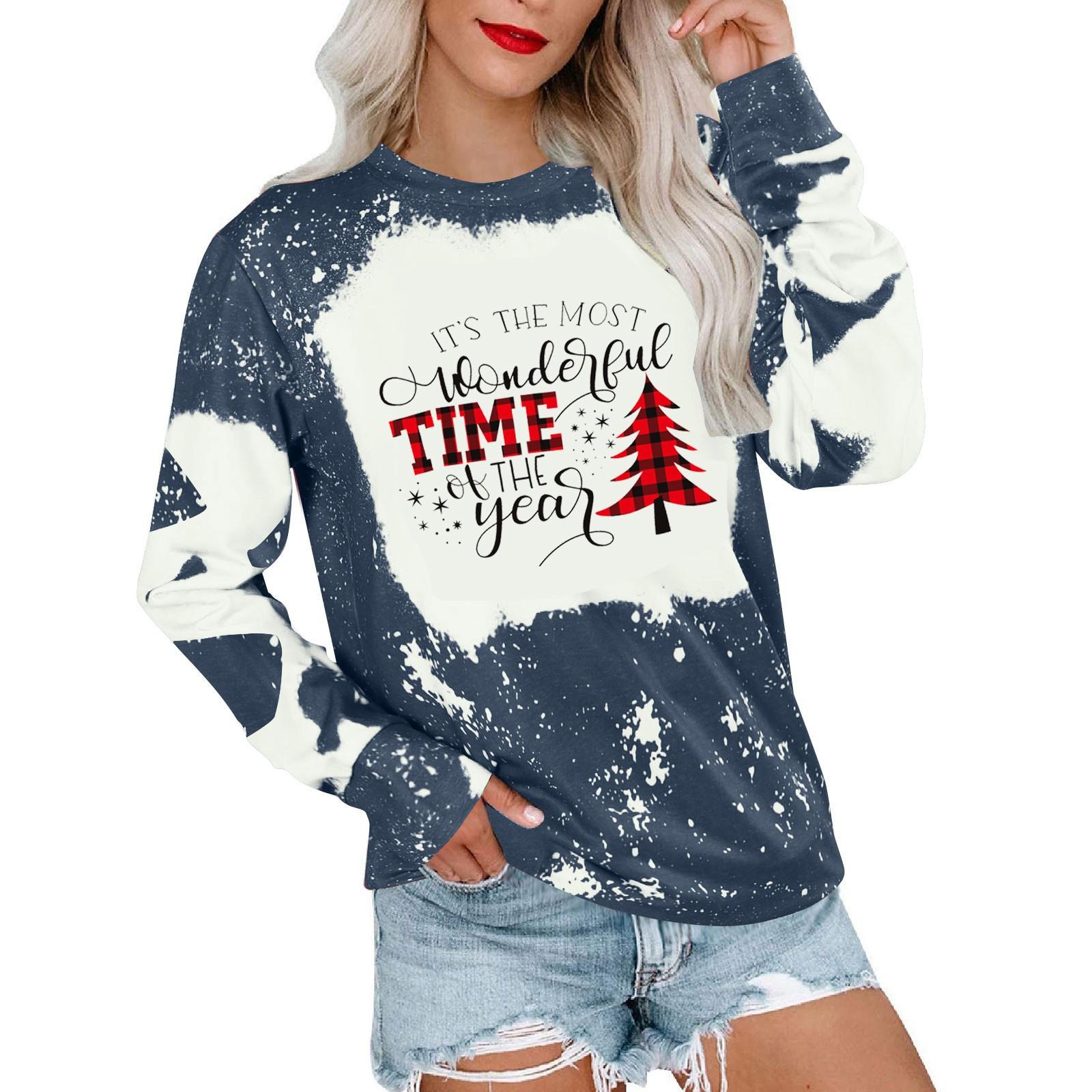 

(SU)Женская мода, повседневный топ с длинными рукавами и принтом, галстуком и круглым вырезом, рождественский топ