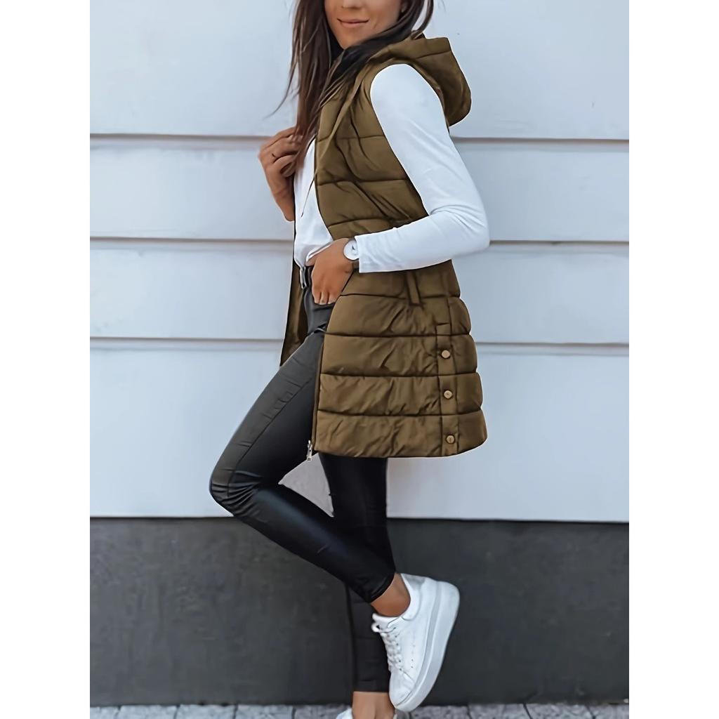 Solid Color Hooded Zipper Cotton Vest Jacket for Women's Mid To Long Size Plus