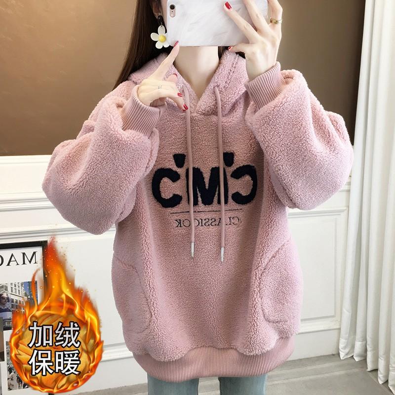 Womens Fleece Hooded Sweatshirt Thick Warm Winter Letter Print Outerwear