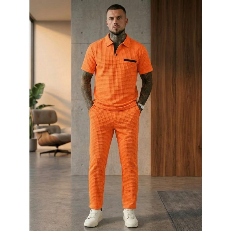 Solid Waffle Mens Casual Short Sleeve Polo Shirt And Long Pants Set