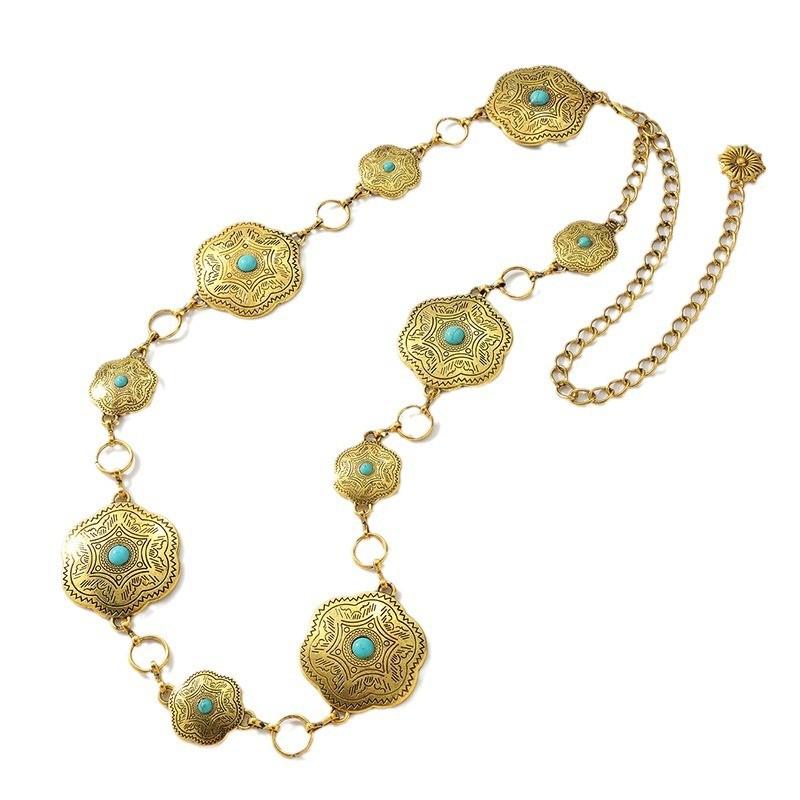 Turquoise Style Western Silver Metal Waist Chain With Carved Details Women For