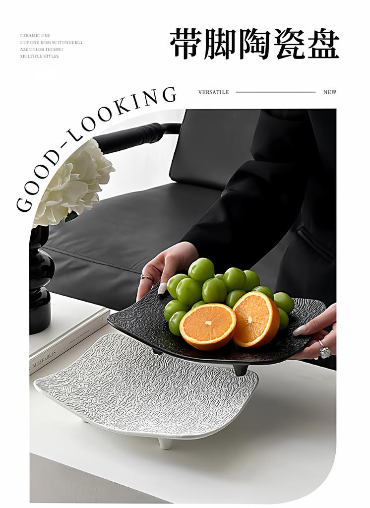 Ceramic High-legged Tray Water Ripples Candy Bowl Fruit Platter Desktop Storage Container Fruit Platter Dessert Plate