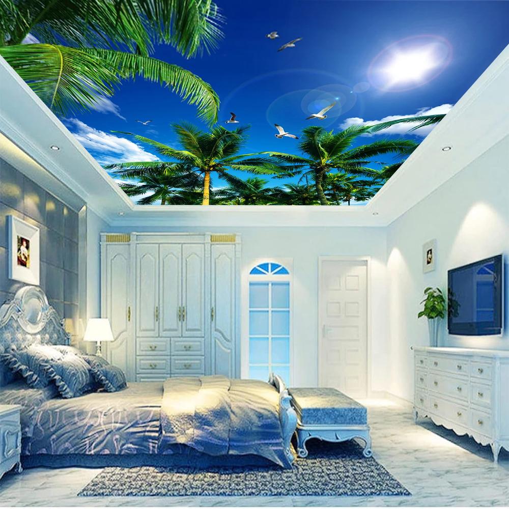Tapet de Plafon Cer Albastru Nori Albi Cocotieri Pictură Murală Dormitor Living Tapet de Plafon