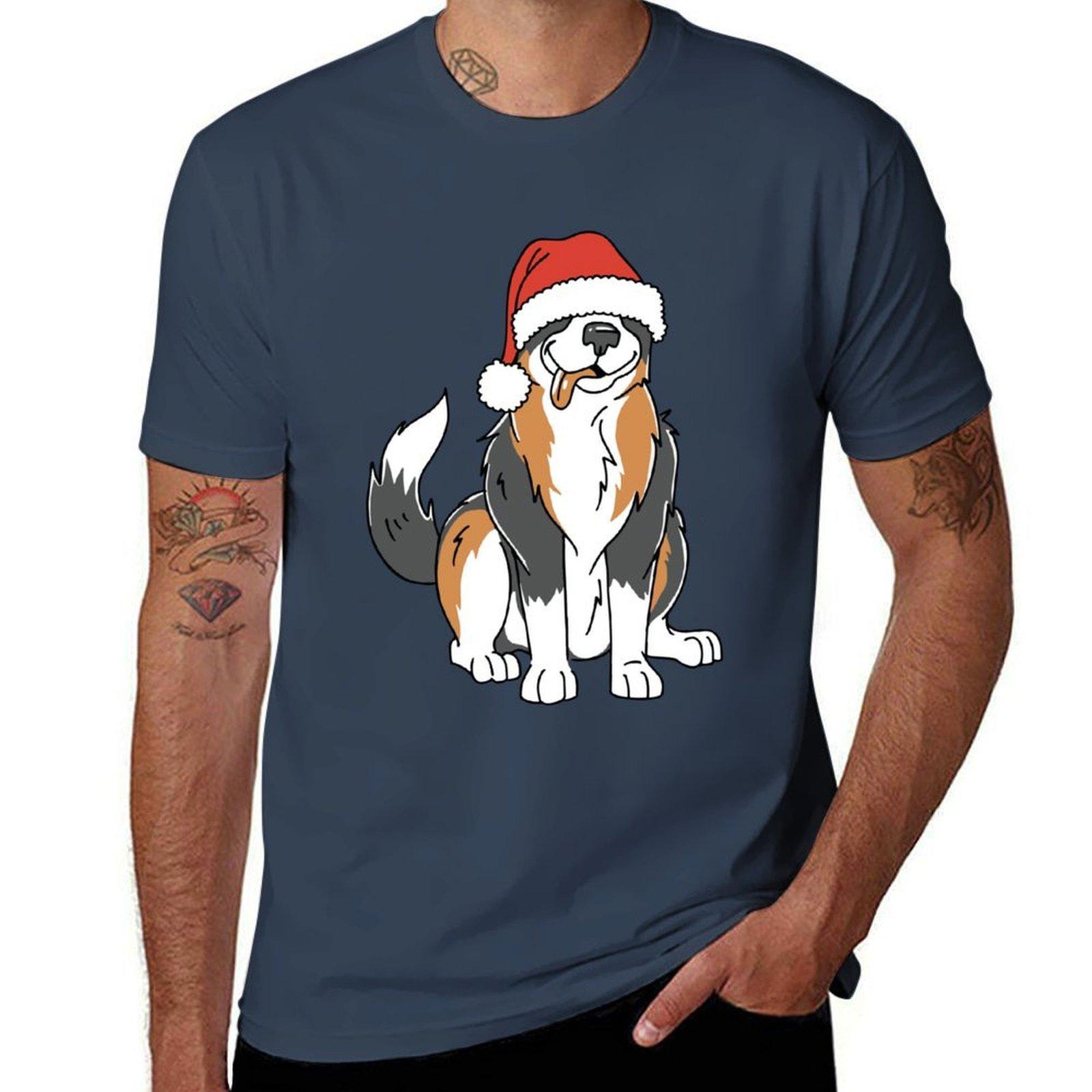 Funny Australian Shepherd Christmas Dog In Santa Hat Tshirt Casual All Match Short Sleeve Tshirt S