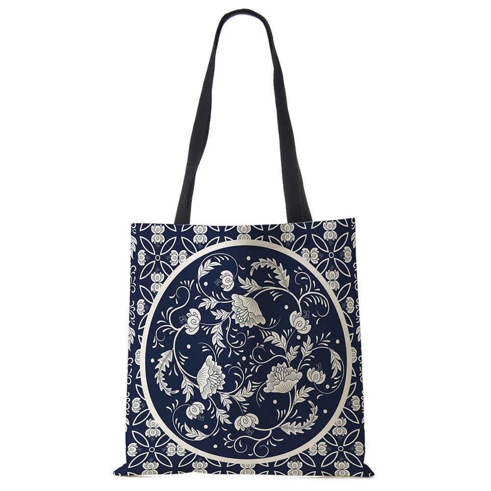 Elegant Lady Girls Handbag Floral Porcelain Geometry Abstract Pattern Shoulder Bag Casual Teenager Book Tote for Shopping Casually
