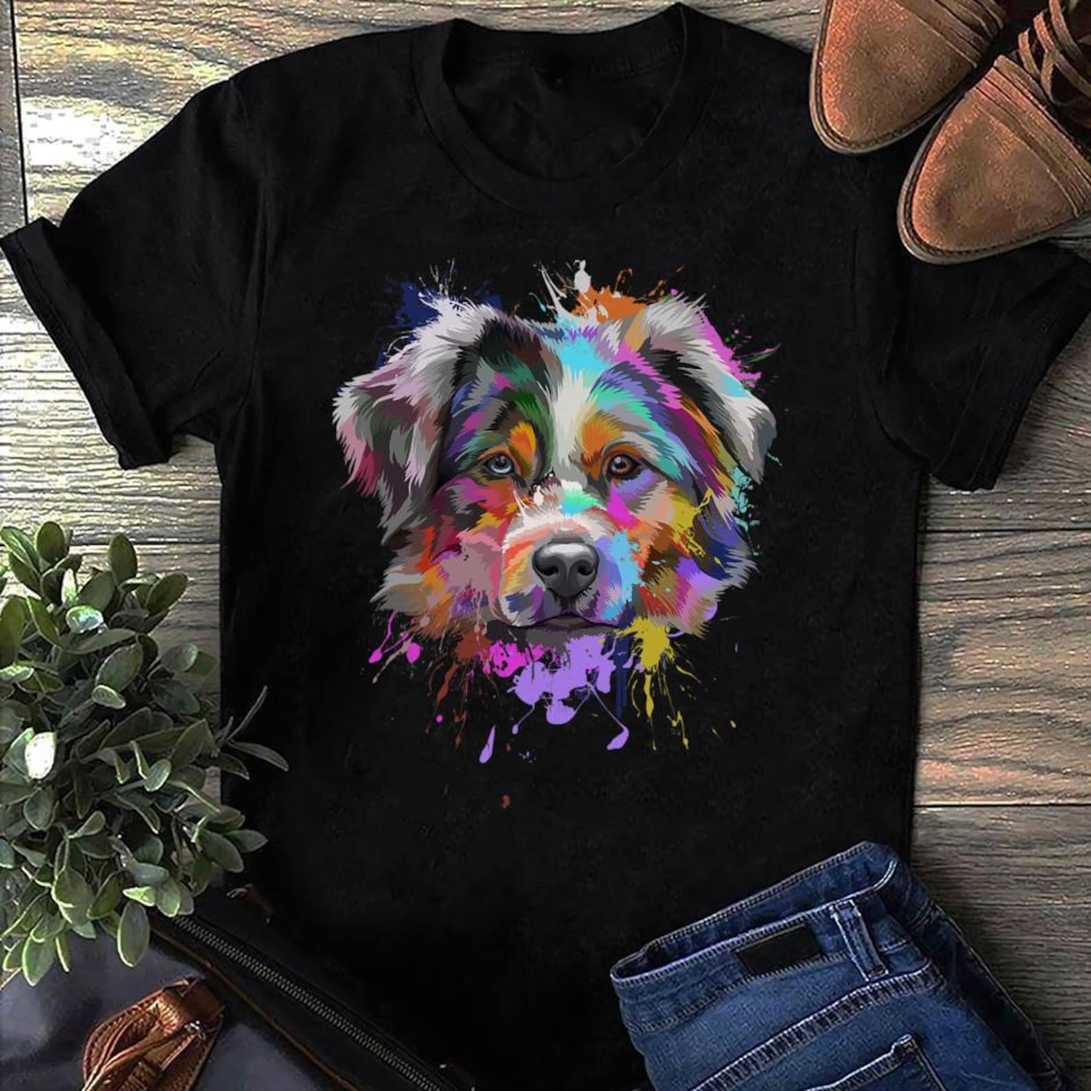Splash Art Australian Shepherd T-Shirt: Aussie Dog Mom Gift XL