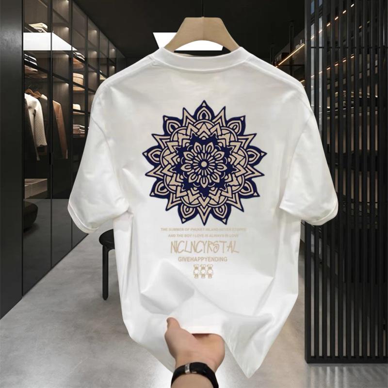 100% Pure Cotton Summer Men's Short Sleeved T-shirt, Heavyweight Round Neck Half Sleeved Top, Loose and Trendy Brand