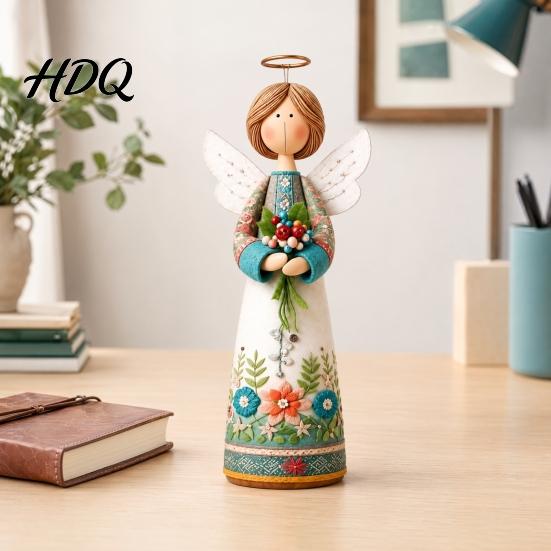Fine Carving Ornament Vintage Floral Figurine Ornament Hand Carved Flower Angel Statue Decorative Figure with Wings Home Table Decoration for Living