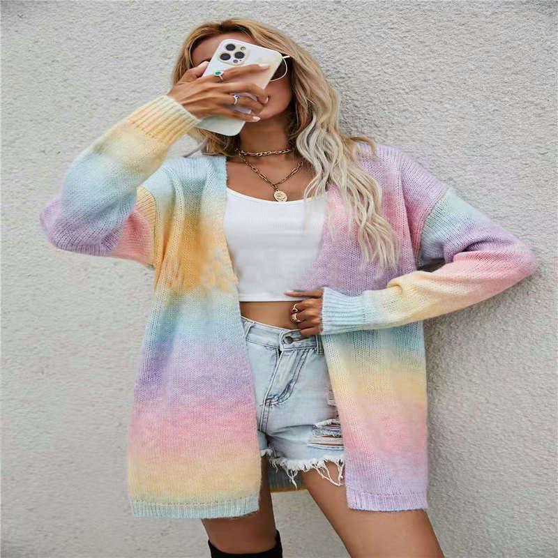Europæisk & Amerikansk Dame Regnbue Strikket Cardigan - Mellemlang Sweater til Efterår/Vinter