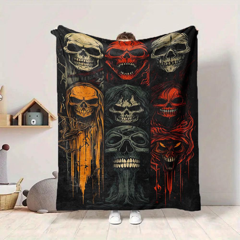 1pc Skulls, Death Blanket, Lightweight Flannel Throw Blanket For Sofa, Bed, Travel, Camping, Living Room, Office, Couch, Chair, And Bed