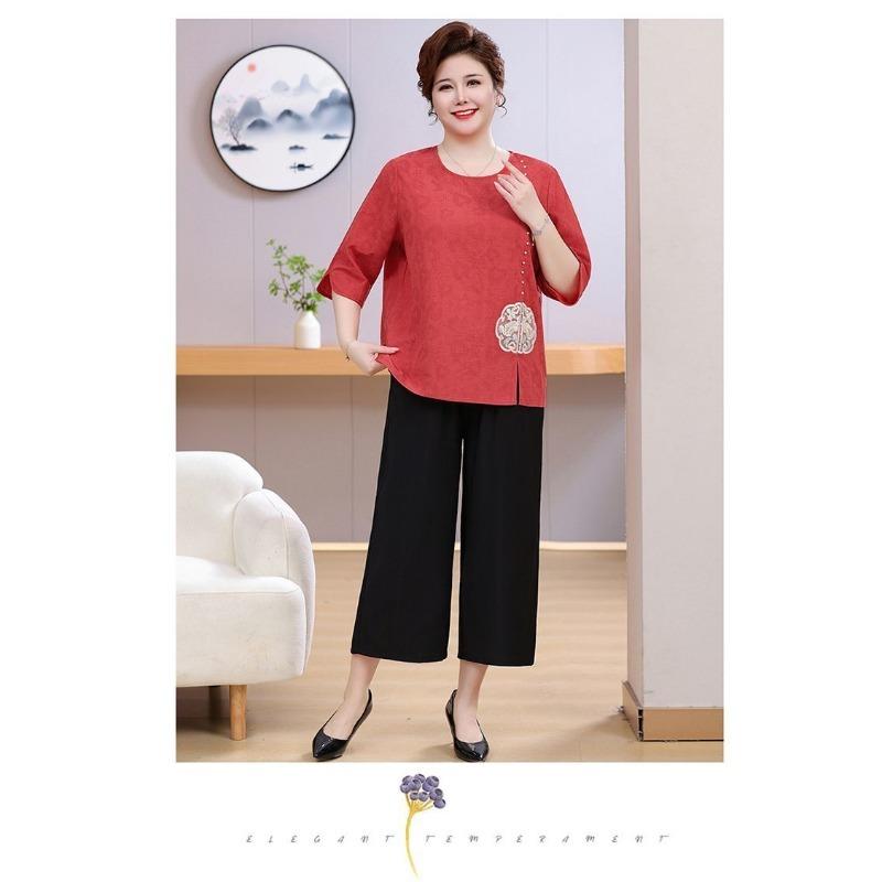 Summer Dress with Three-quarter Sleeves Plus Fat for Middle-aged and Elderly People New Chinese Style National Style Embroidery