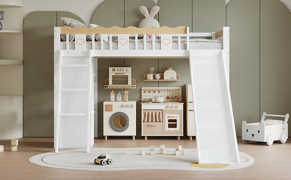 Loft Bed, With Children's Slide, Wardrobe and Storage Cabinet Under the Bed, Four-Sided Fence Pine + MDF + Plywood, White+Natural, 90x200cm