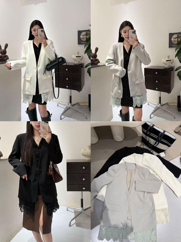 Korean V-Neck Mid-Length Patchwork Lace Suit Jacket for Women