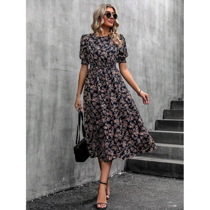 Sweet Summer New Arrival European Fashion Round Neck Small Floral Elastic Waist Tight Waist Puff Short Sleeve Mid Length Long Length Dress