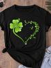 Plus Size, Clover Print Heart Pattern Slim Fit Round Neck T-Shirt- Spring Summer Women's Top Available In Plus Sizes