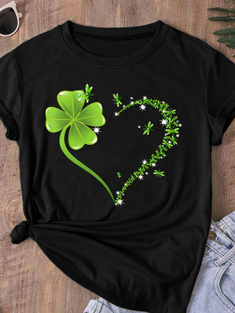 Plus Size, Clover Print Heart Pattern Slim Fit Round Neck T-Shirt- Spring Summer Women's Top Available In Plus Sizes