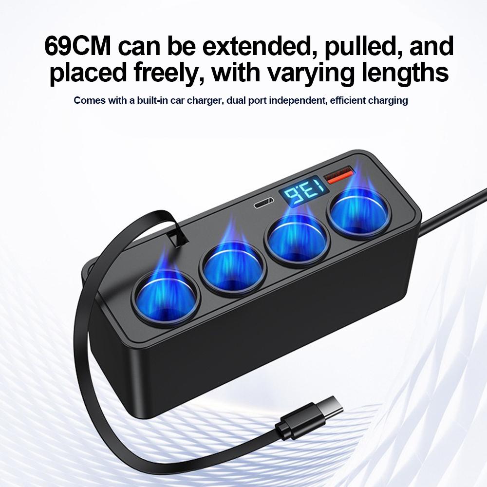 120W USB Car Charger with Retractable Cable QC3.0+PD30W Quick Charging Power Adapter USB Phone Charger 12V 24V Car Cigarette Lighter Splitter