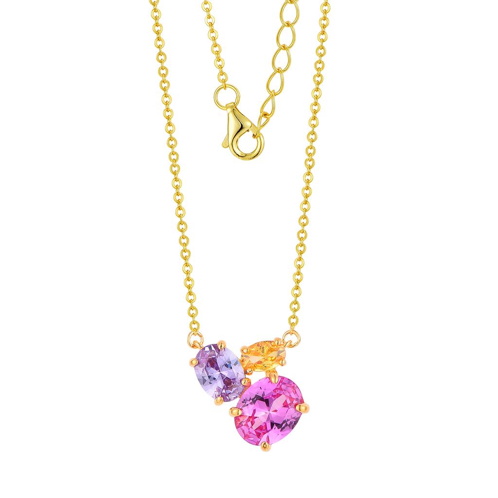 Original 925 Sterling Silver Rainbow Fancy Cubic Zircon Three Stone Pendant Necklace for Women