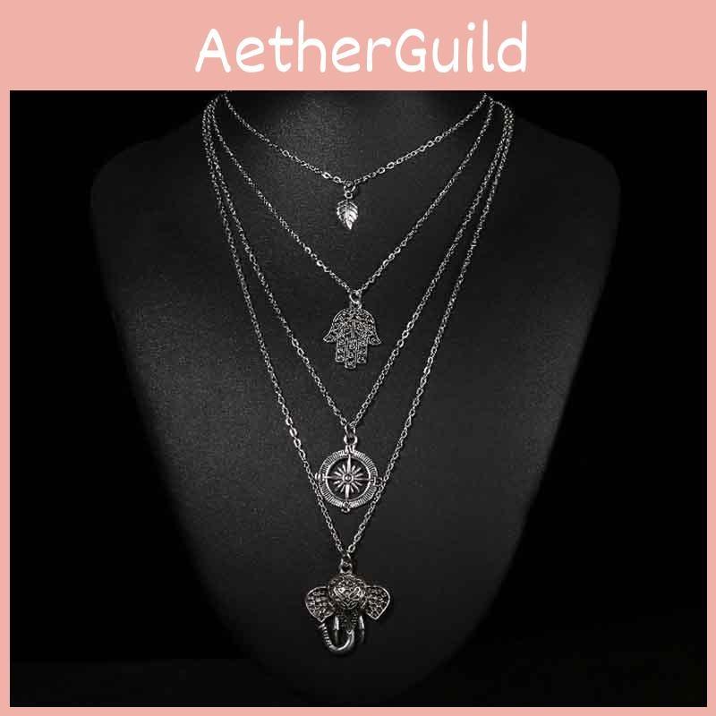 Boho Punk Fashion Retro Alloy Palm Sun Multilayer Necklace Leaf Pendant Elephant