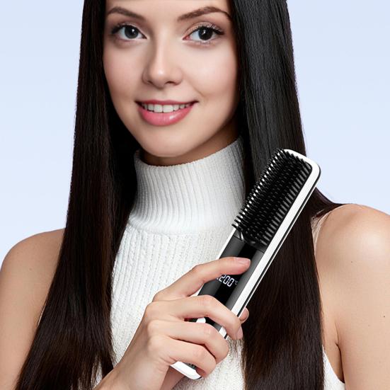 Cordless Hair Straightener Brush LCD Temperature Display Frizz Control Hair Straightening Comb USB Rechargeable Fast Heating Electric Hot Brush