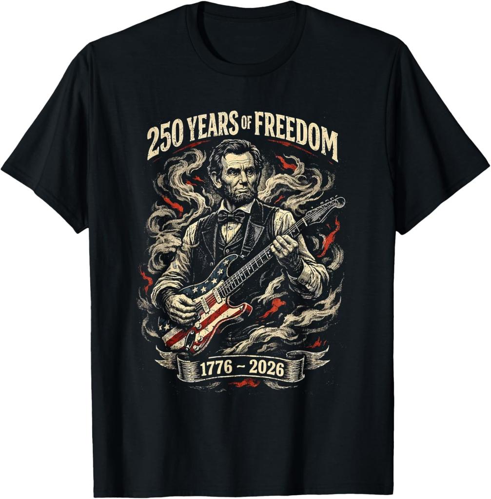 250 Anni di Libertà 1776 2026 Lincoln che Suona la Chitarra Maglietta Unisex Retrò