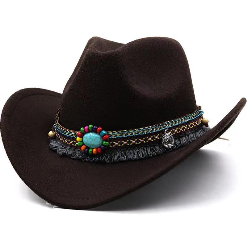 New Fashion Western Cowboy Hat Wool Tassel Belt Sombrero Cap Men Women Cowgirl Solid Color Jazz Elegant Lady Hollow Design Hats
