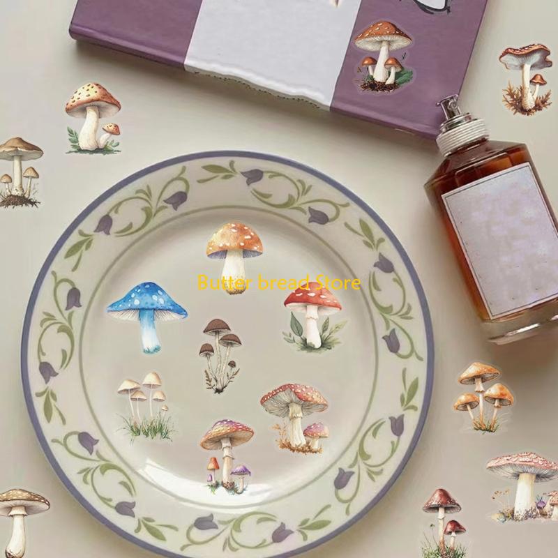 W89C 50Counts Mushroom Decorative Sticker for Scrapbooking Water Bottle Phone Case