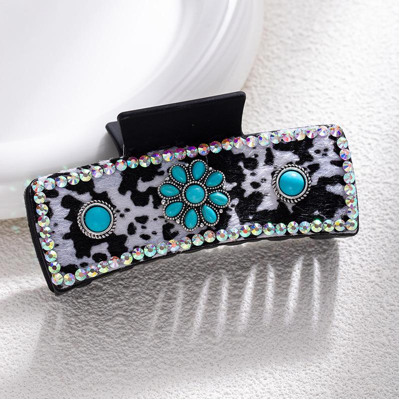 Bohemian Ethnic Style Turquoise Grab Clip Western Style Hairpin Retro Leopard Print Sequined Leather Fashion Disc Hairpin