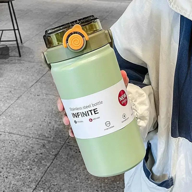 Large Capacity 316 Stainless Steel Cold Insulation Cup, Cute Beautiful, Dual Drink Straw, Portable Handle Pot, Male and Female