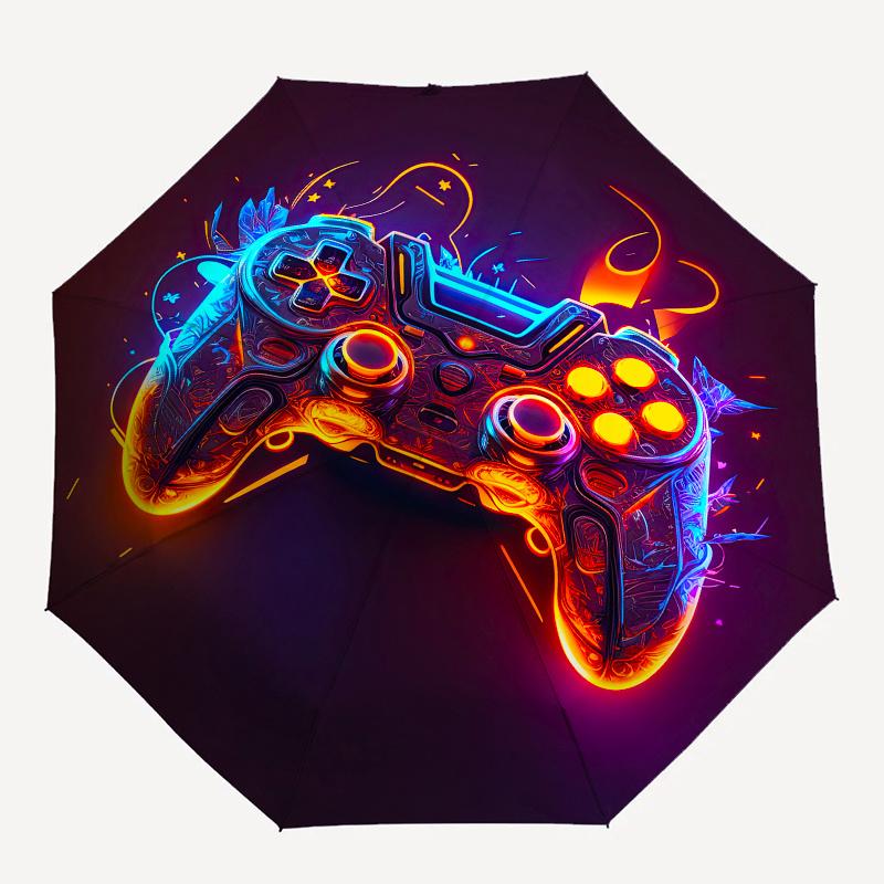 Neon Lights, Gaming Controller Theme Automatic Open/Close Fashion umbrella, Portable 3 Fold Compact Umbrella for Men & Women