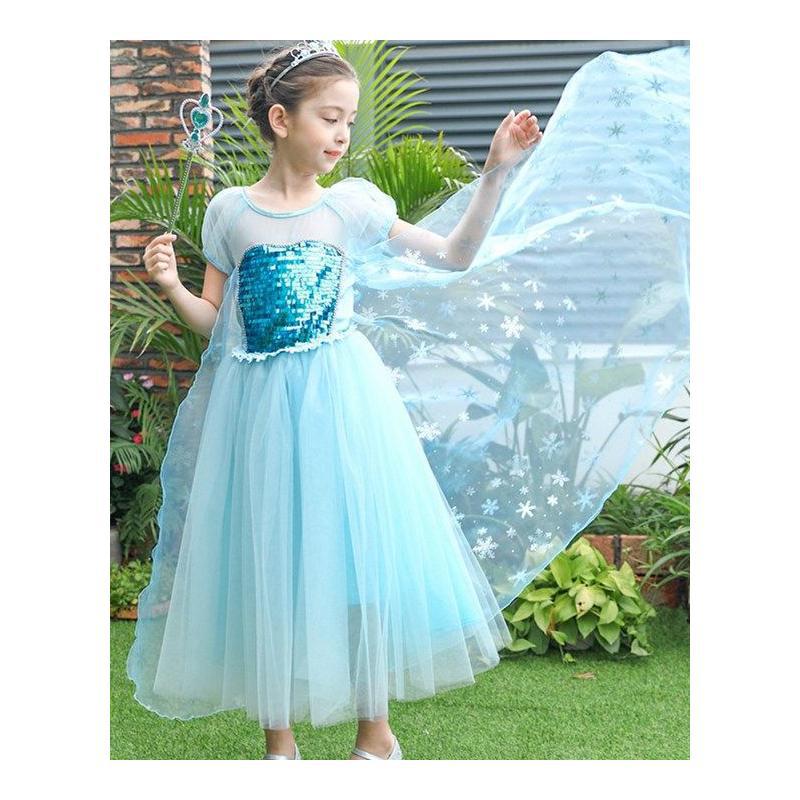 Girls Elsa Princess Dress Summer Short Sleeve Tutu Dress Frozen Cape Skirt