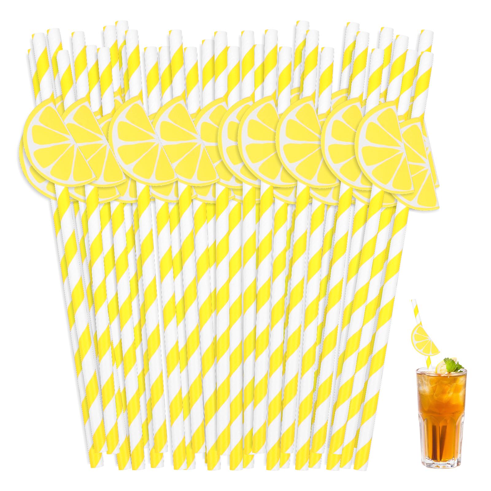 

140Pcs Paper Drinking Straw Striped Drinking Straws With Lemon Decor Happy Birthday Wedding Party Supplies Drinking Straw