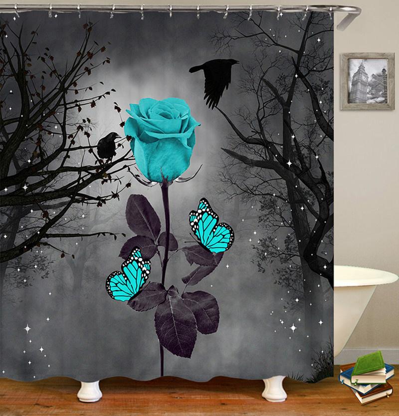 3D Rose Flower Shower Curtain Set Non-Slip Rugs Bath Mat Toilet Lid Cover and 12 Hooks Waterproof Polyester Bathroom Decor