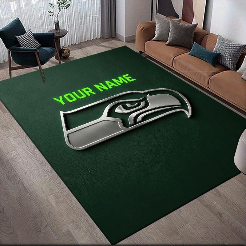 Custom Name,Seattle Seahawks Home Sofa Decoration for Living Room & Bedroom, Non‑Slip Play Flannel Floor Mat for Game Room