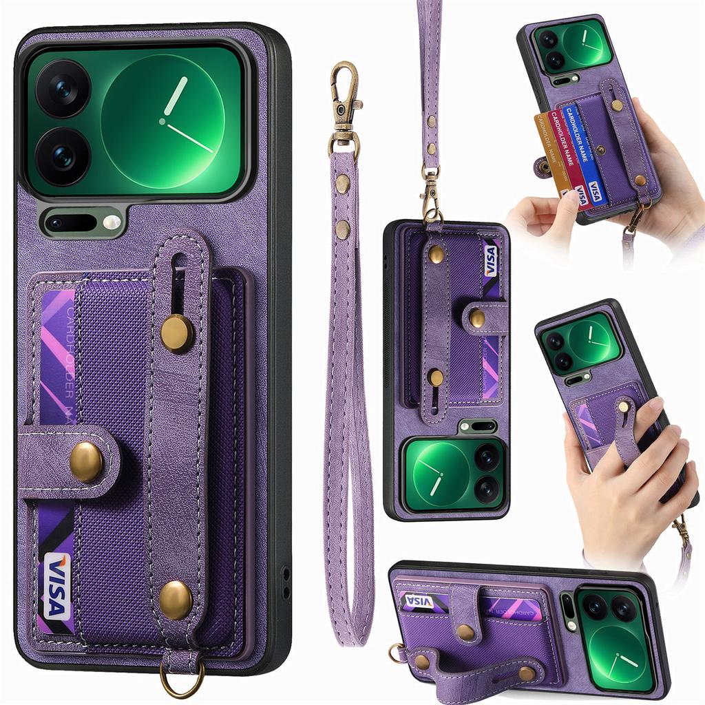 For Xiaomi 17 Pro Retro PU Leather Back Cover with Card Holder and Wristband Kickstand